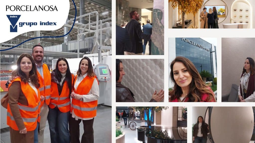 Personal de Grupo Index y de Palatium durante la visita a una fábrica de Porcelanosa en Villarreal, Castellón