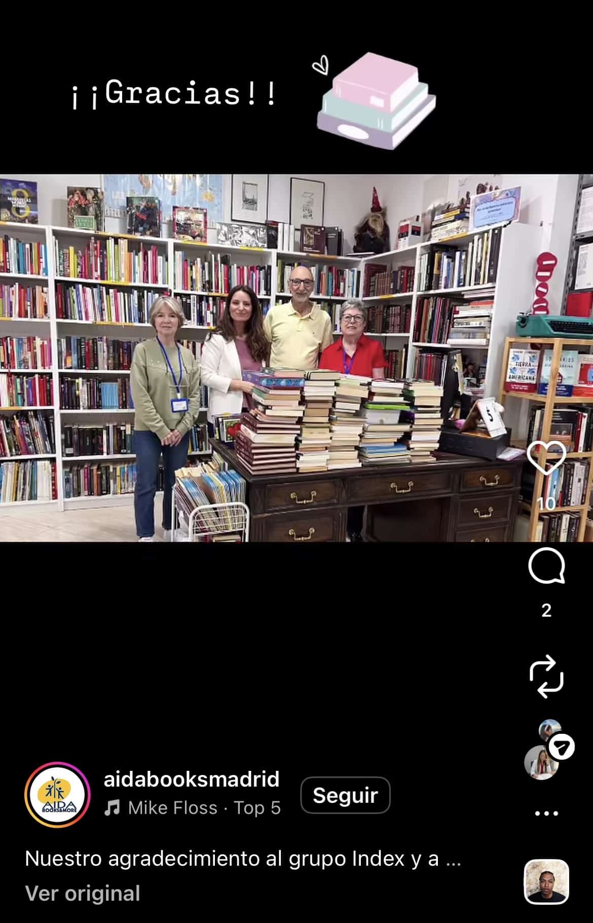 Agradecimiento de la libería solidaria AIDA de Móstoles por la donación de libros de Grupo Index