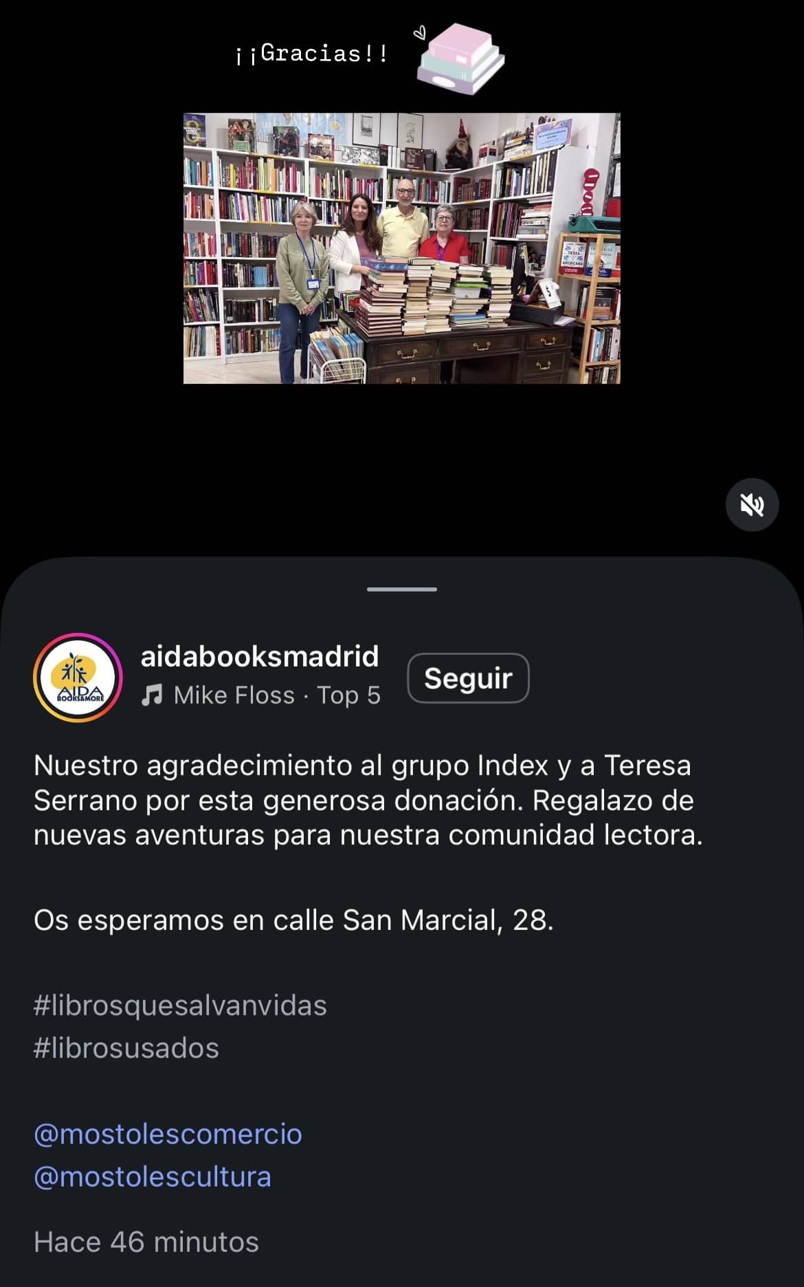 Agradecimiento de la libería solidaria AIDA de Móstoles por la donación de libros de Grupo Index
