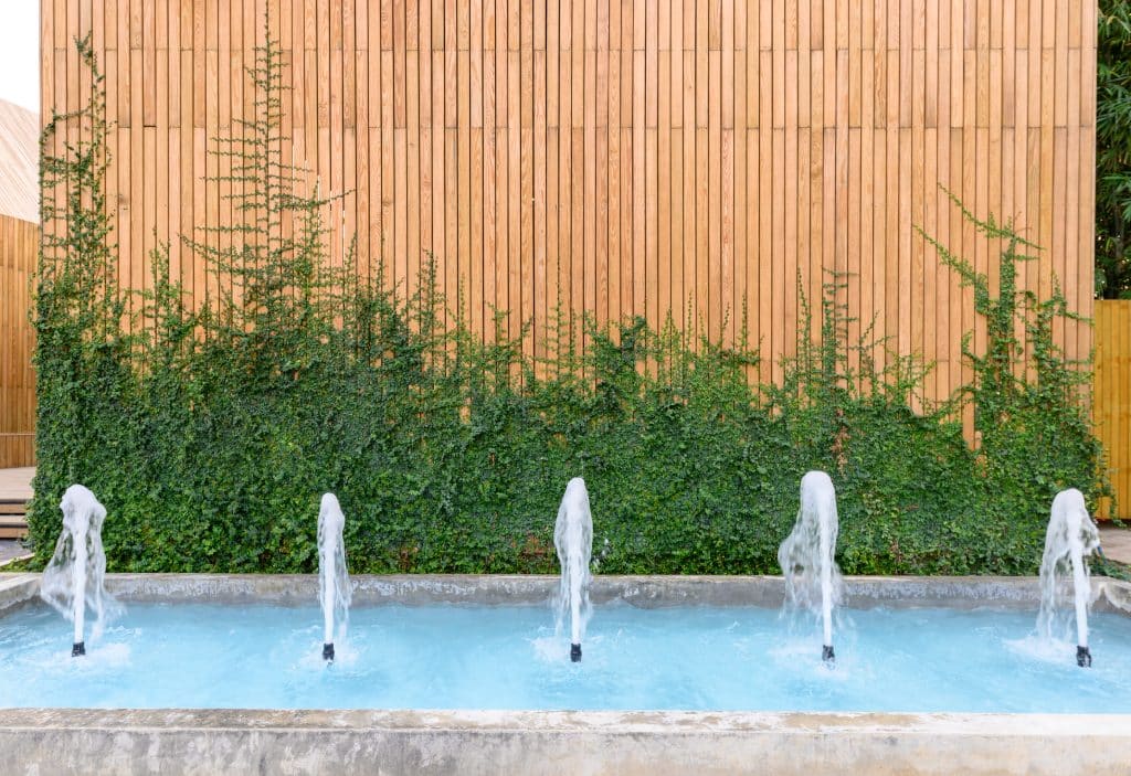 Fuentes que salpican en un estanque con un muro vegetal de hiedra en madera