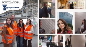 Personal de Grupo Index y de Palatium durante la visita a una fábrica de Porcelanosa en Villarreal, Castellón